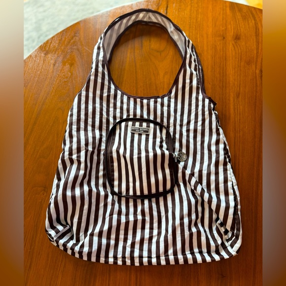 HENRI BENDEL Zip Around Packable Tote. Brown and White Stripe. - Picture 2 of 4